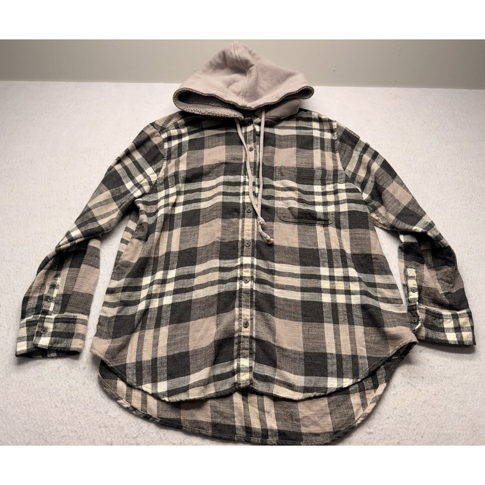 American Eagle Plaid Flannel Hooded Shirt Large L Pink Grey Sherpa Hood Jacket